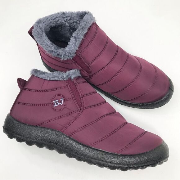 BJ Burgundy Quilted Faux Fur Lined Soft Sole Flat Ankle Slipper Shoes - Picture 3 of 14